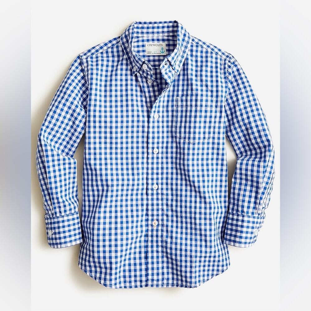 CREWCUTS Blue & White Gingham Button Down Shirt Kids Classic Preppy Size 6-7